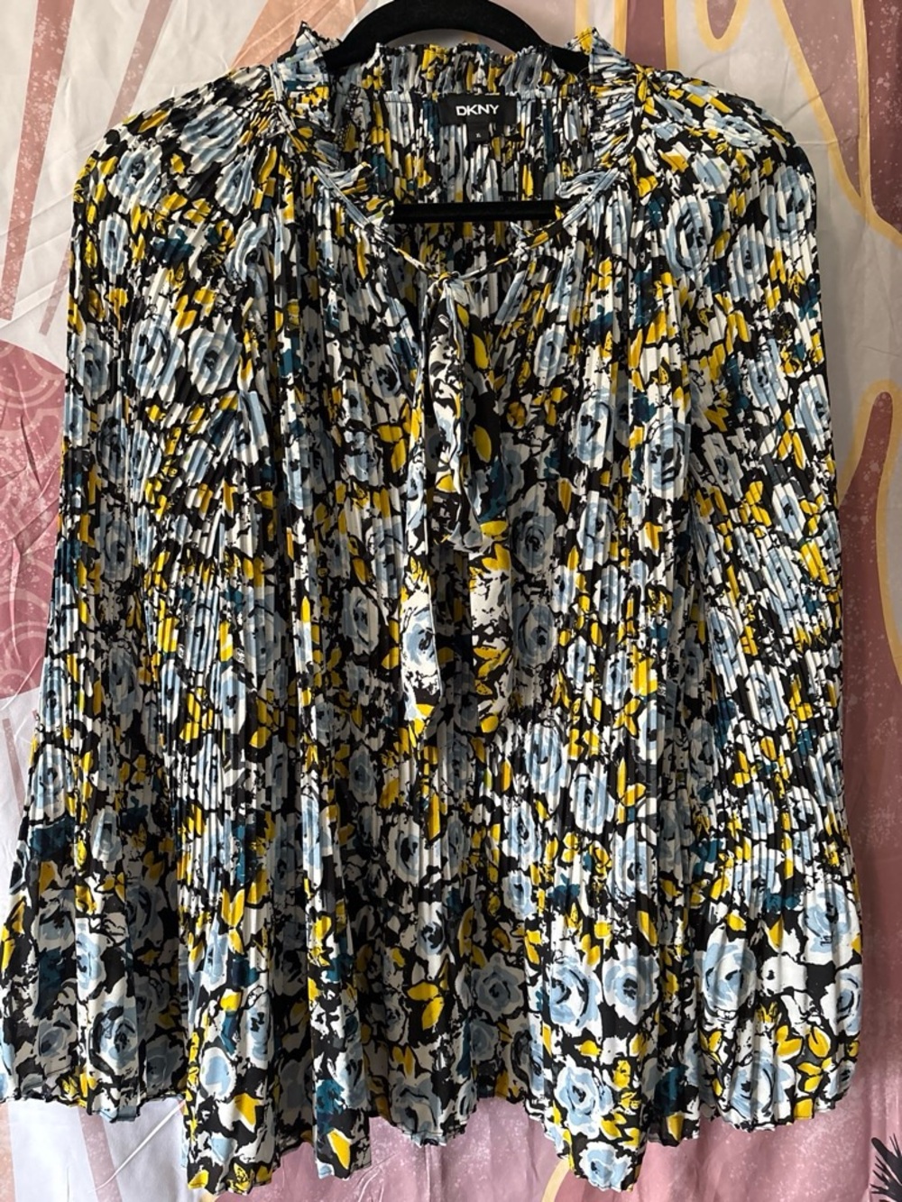 DKNY Yellow, Blue & Black Floral Pleated Tie-Neck Blouse